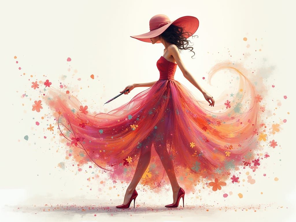 Canvas filled edge to edge Theme bloom elegance, digital simulation. Create delightful painting of tall lady wearing blooming floral swirlin...