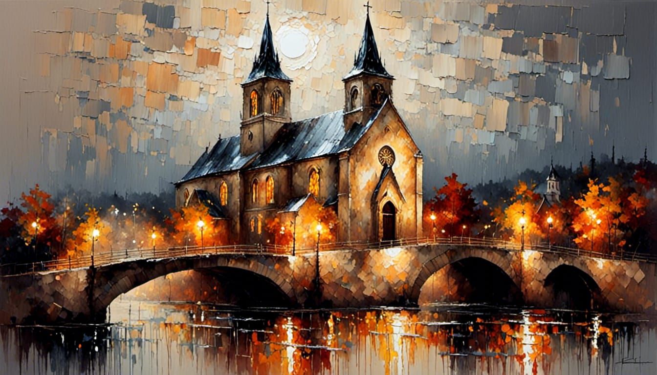 Old church at the river at night, bridge