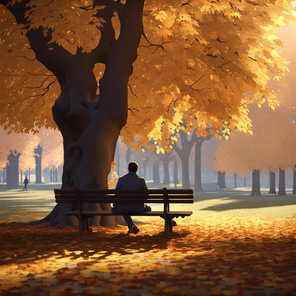 Un homme assis sur un banc de parc sous un arbre, des feuill...