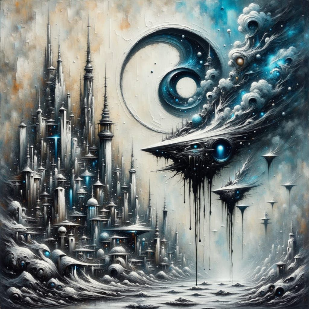 <lora:Elegant Paint Drip:1.0> Visualize an abstract splatter painting with flowing brush strokes, depicting a fantastical rendition of a swa...