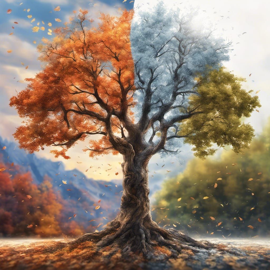 Tree that has all four seasons, summer tree, winter tree, autumn tree, summer tree, one tree one picture, highly detaile...