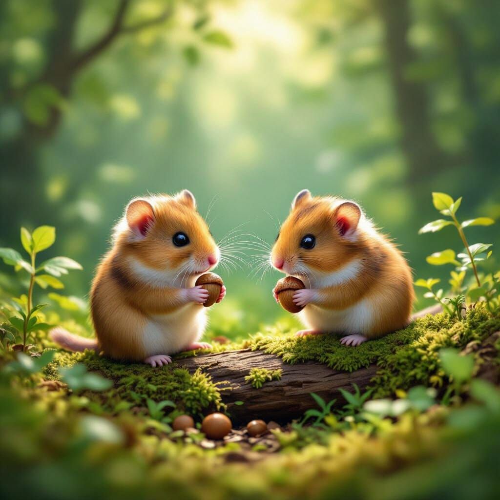 Fluffy Hamsters in Sun-Dappled Forest Clearing