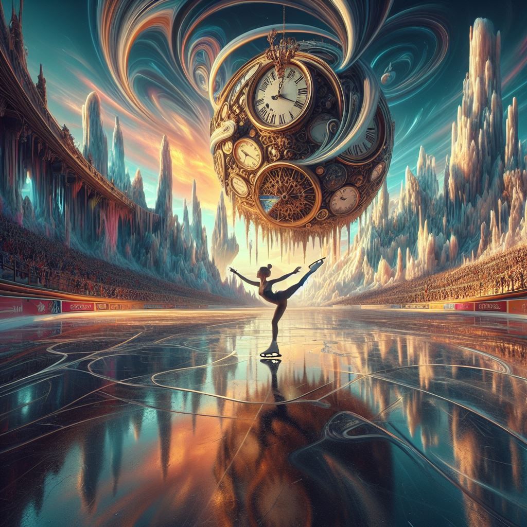 A digital painting a female Figure Skater performing the Axle spin in olympic ice rink, Olympic Area, Ice floor ray trac...