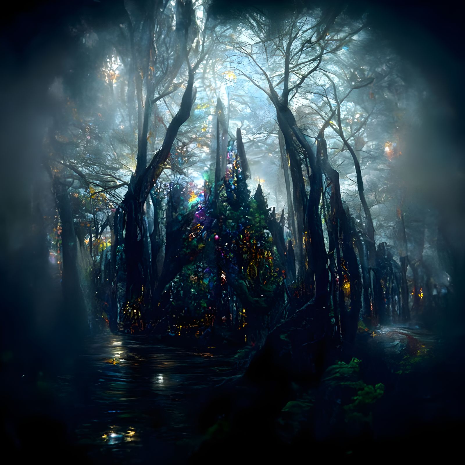 In a dark, enchanted forest, a young woman stands amidst ethereal lights  casting ghostly glows, with a sky of brooding clouds and shimmering - AI  Generated Artwork - NightCafe Creator