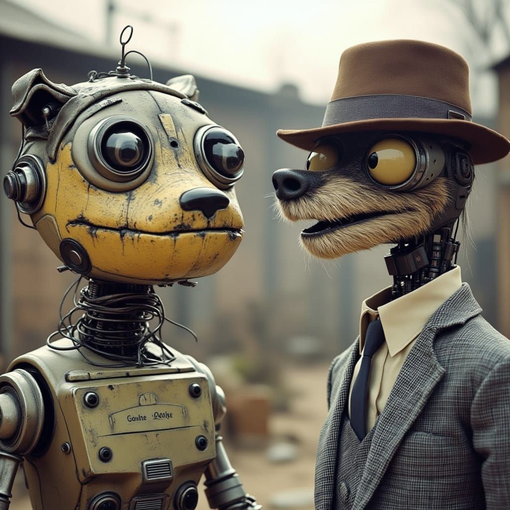 <lora:Fedora Dog:1.0>
Scene from a surreal 80s experimental non-lieu sci-fi B-movie featuring a scruffy looking anthropomorphic robot dog we...