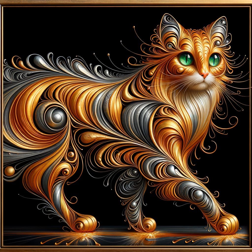 Orange Feline in Fluid Art Style with Gold and Silver Hues