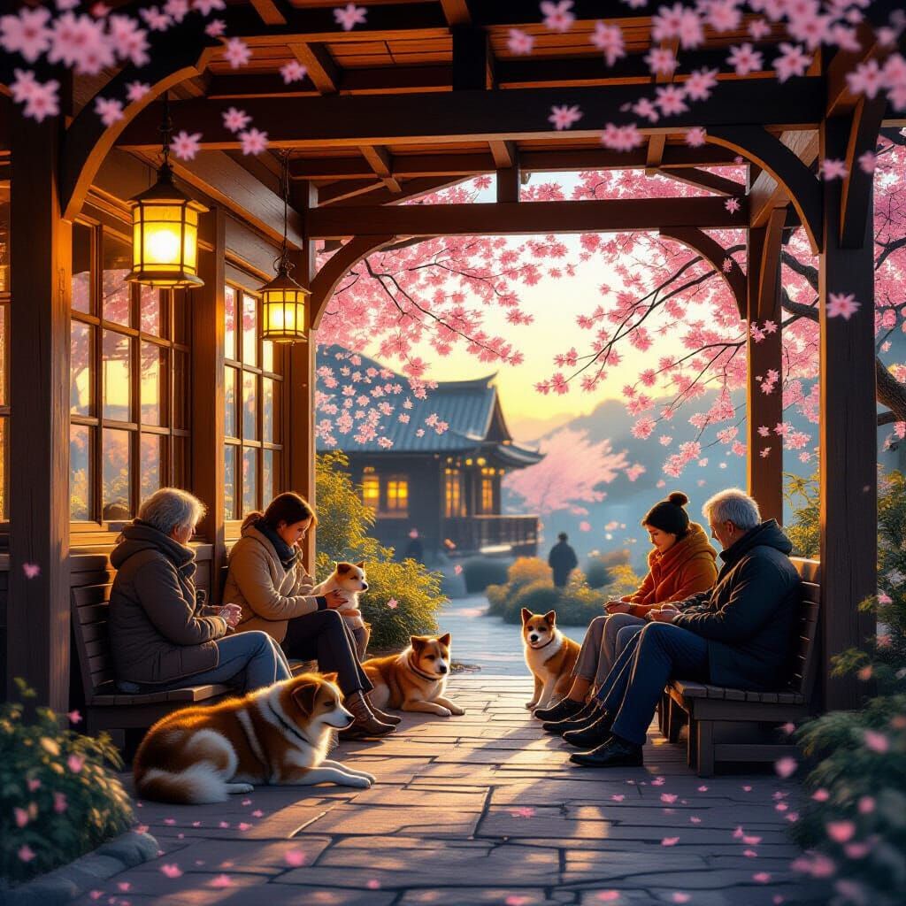 A glowing sanctuary at twilight, built from warm wood and glass, sheltering abandoned dogs and cats resting ...  by @Autosmagic