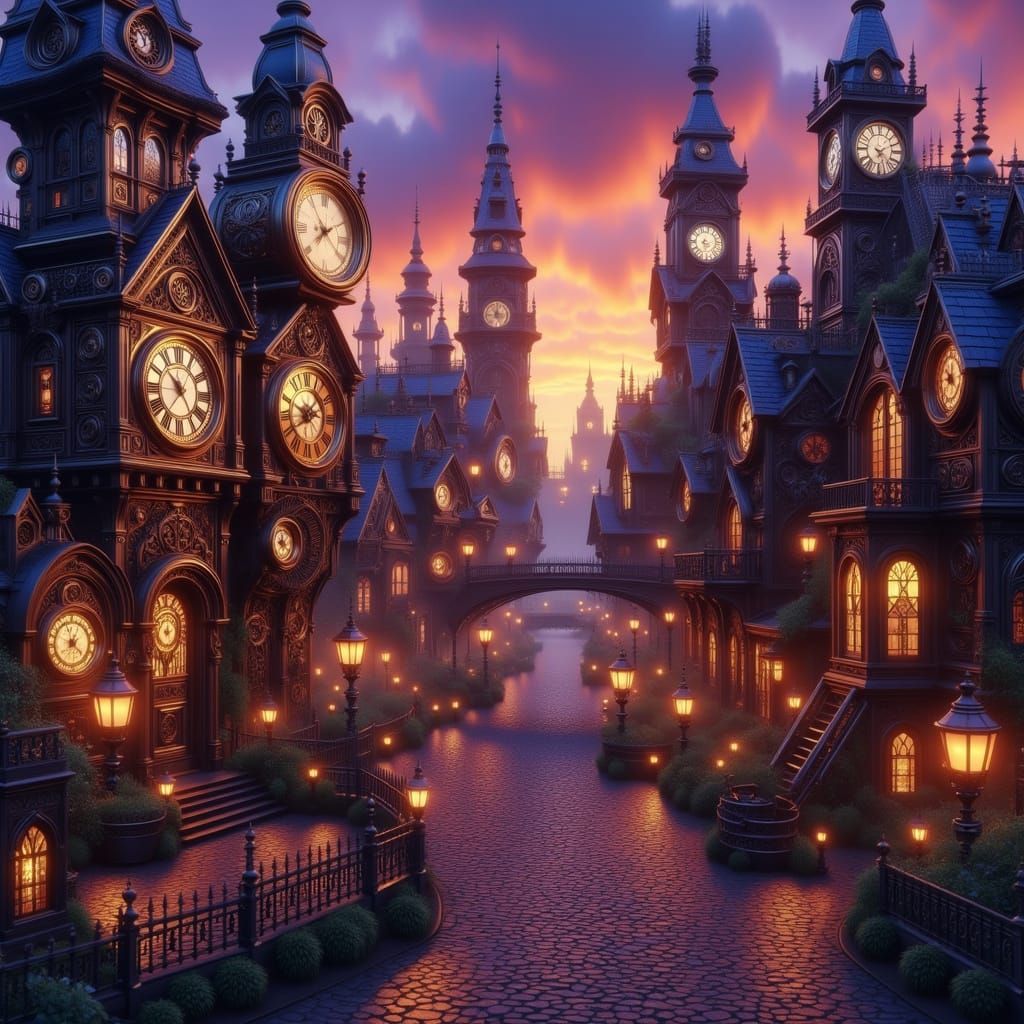 <lora:Steampunk World:1.0>  An old Victorian village, cobblestone streets, gas lamps, and intricate clockwork mechanisms integrated into the...