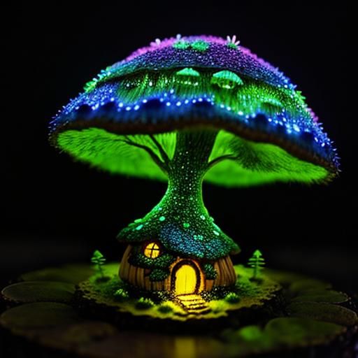 A fairy mushroom house in an enchanted bioluminescent forest...