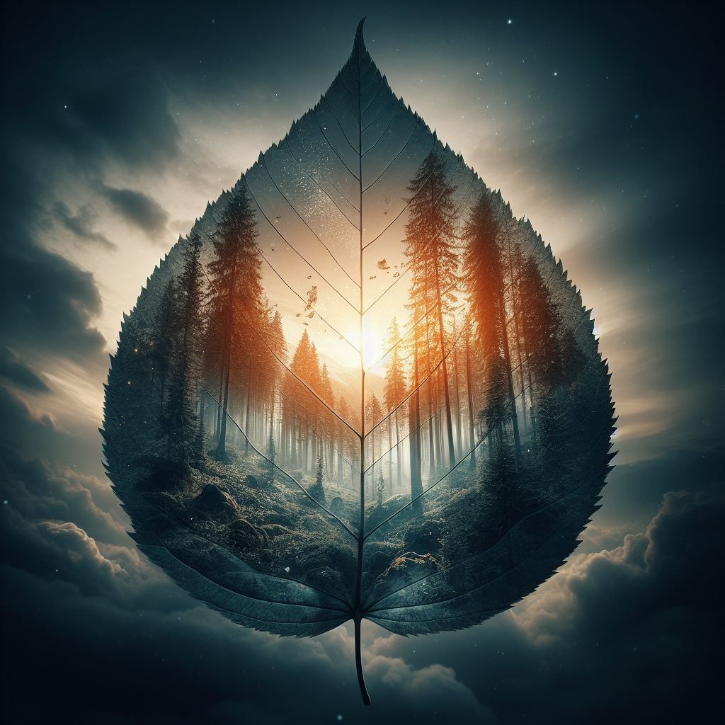 Double exposure forest inside a leaf