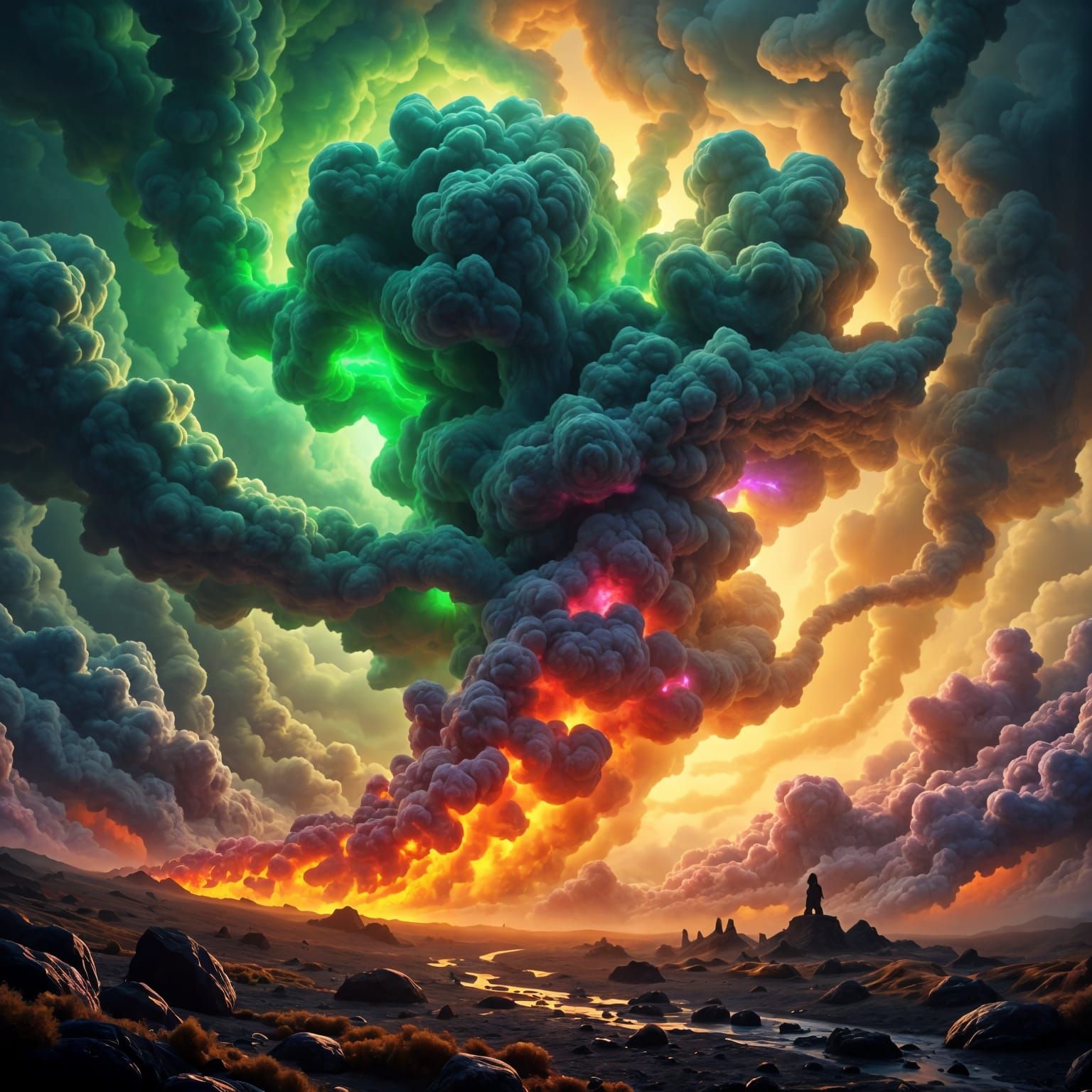 Cat 7 tornado, tornadic, countryside, massive swirling green orange and pink,  lightning, billowing smoke-fire and debris swirling tornado, ...