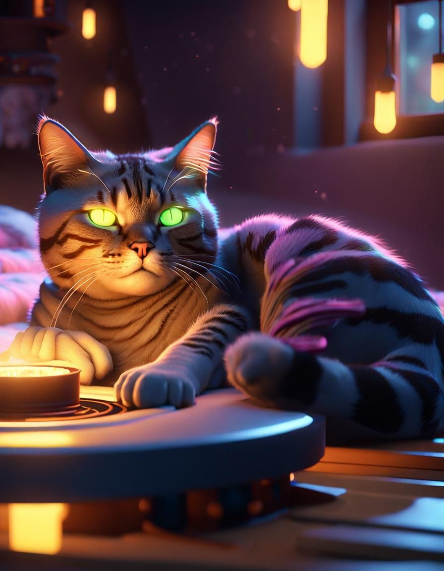 Cat, lounging on a soft fluorescent bed with a stove, eyes c...