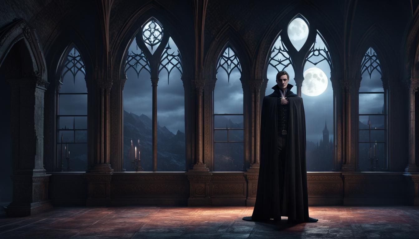 Male classic cloaked Vampire standing in a gothic castle.