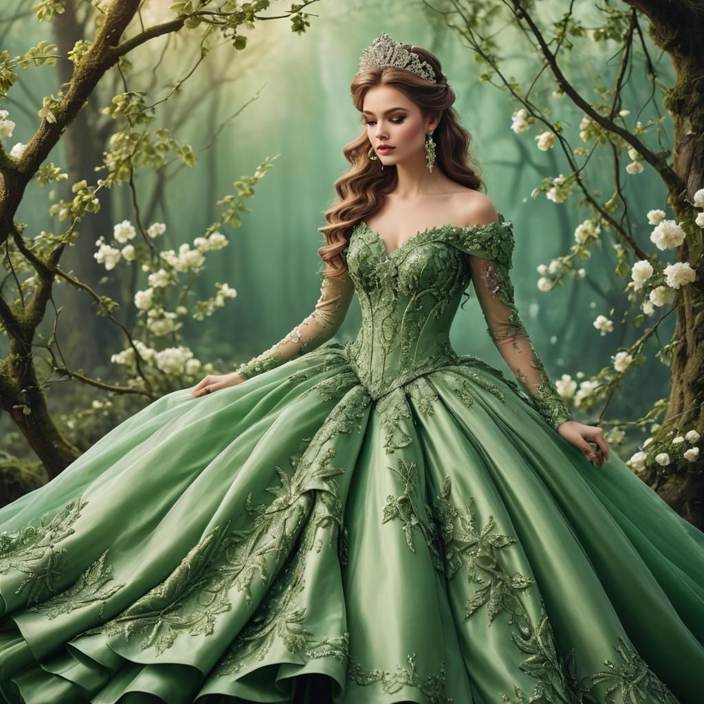 beautiful girl in a green fantasy ball gown