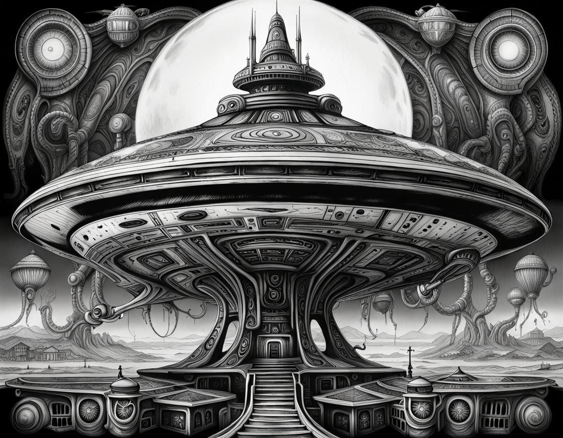 Digital ink Psychedelic H. R. Giger Flying Saucer. Cinematic...