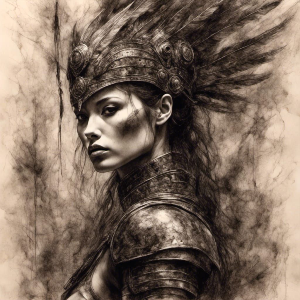 Charcoal drawing of warrior queen. <lora:PL Exp:1.0>