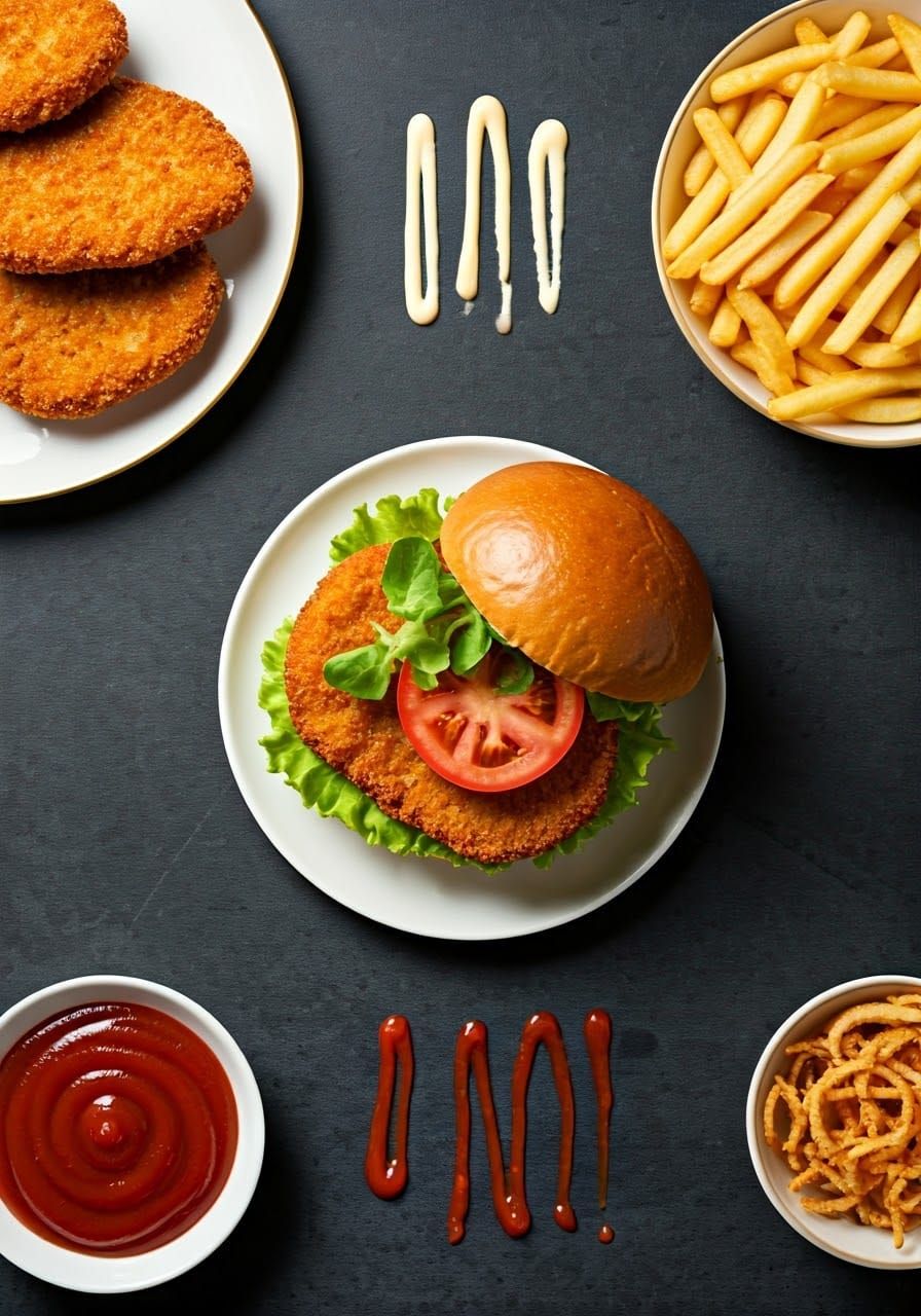 Gourmet Food Composition in Luxurious Dark Gray-Black Settin...