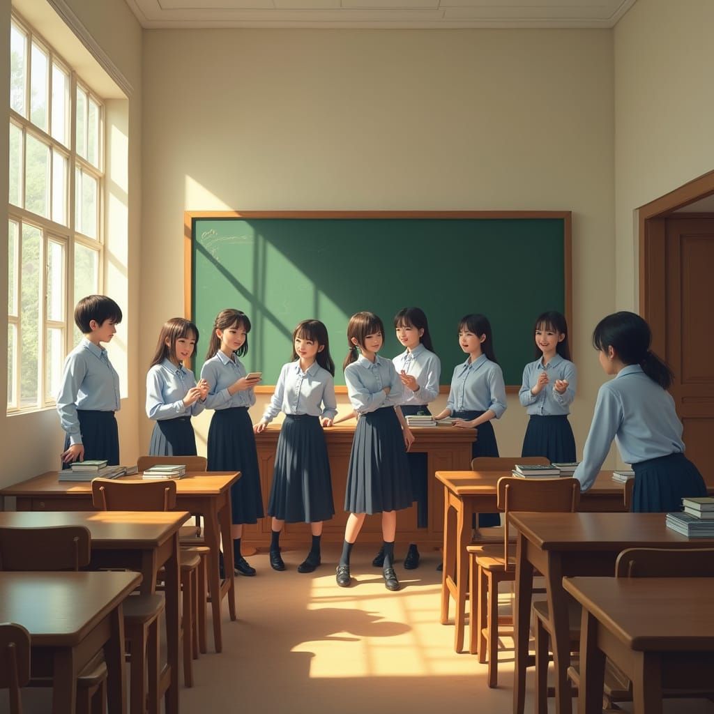 Vintage Classroom Scene with Schoolgirls in a State of Livel...