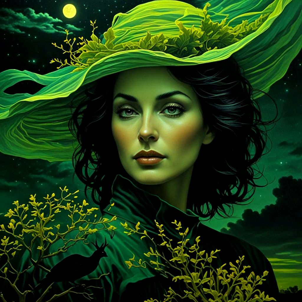 Ethereal Moonlit Vision in Deep Emerald Skies