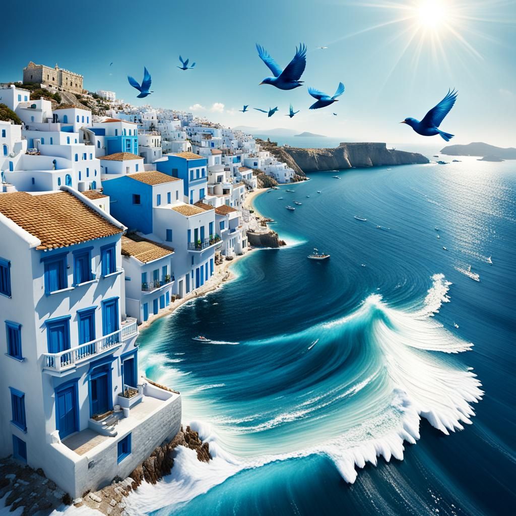 Blue Birds Over White Buildings in Greece