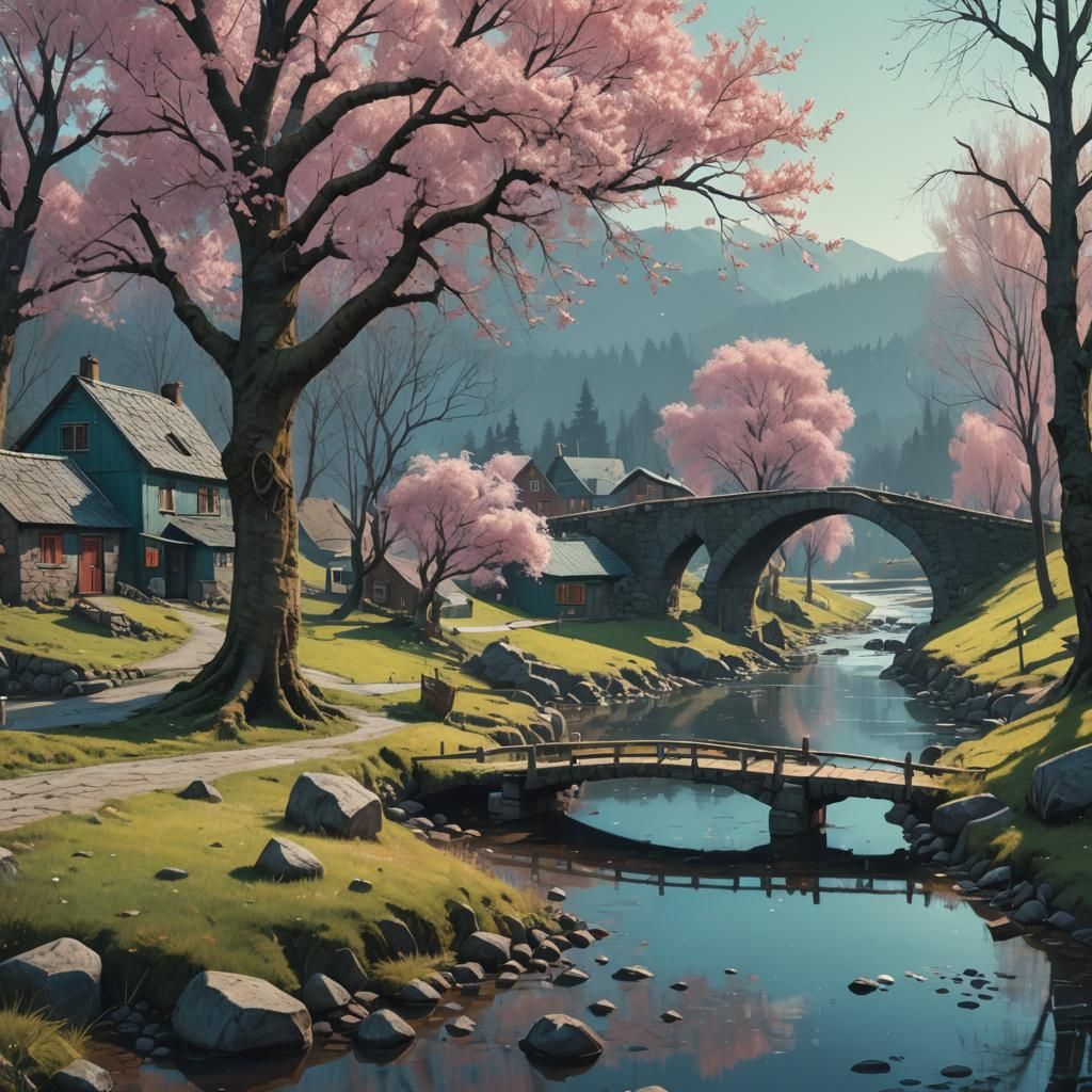 Riverside Village with Bridge: Fantasy Concept Art