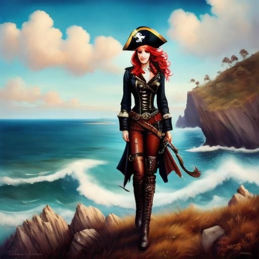 <lora:FairyTails v8:1.0> pirate princess standing on a cliff