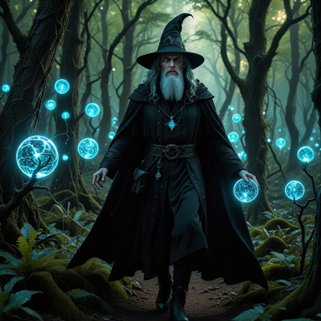 Close-up. A gothic wizard strides confidently through a bioluminescent forest. Orbs of light dance around him. The air crackles with arcane ...