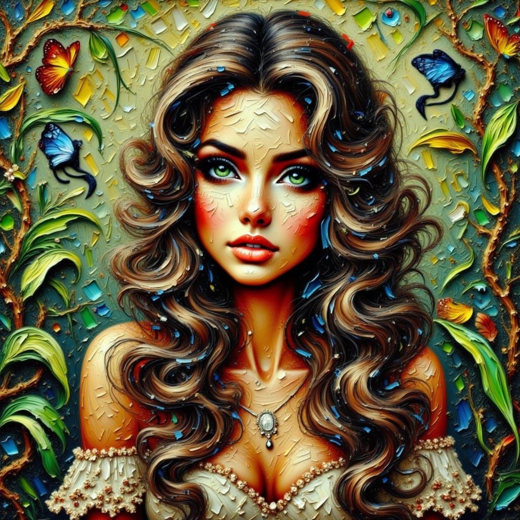 <lora:-No50-:1.0> Portrait of a beautiful brunette woman,  jungle background, Impasto Flaky paint Painting  