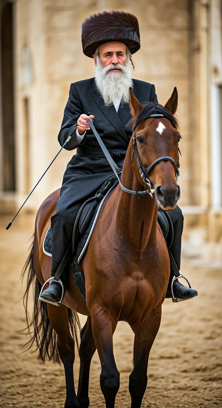 Majestic Hasidic Rabbi in Traditional Attire Rides a Noble H...