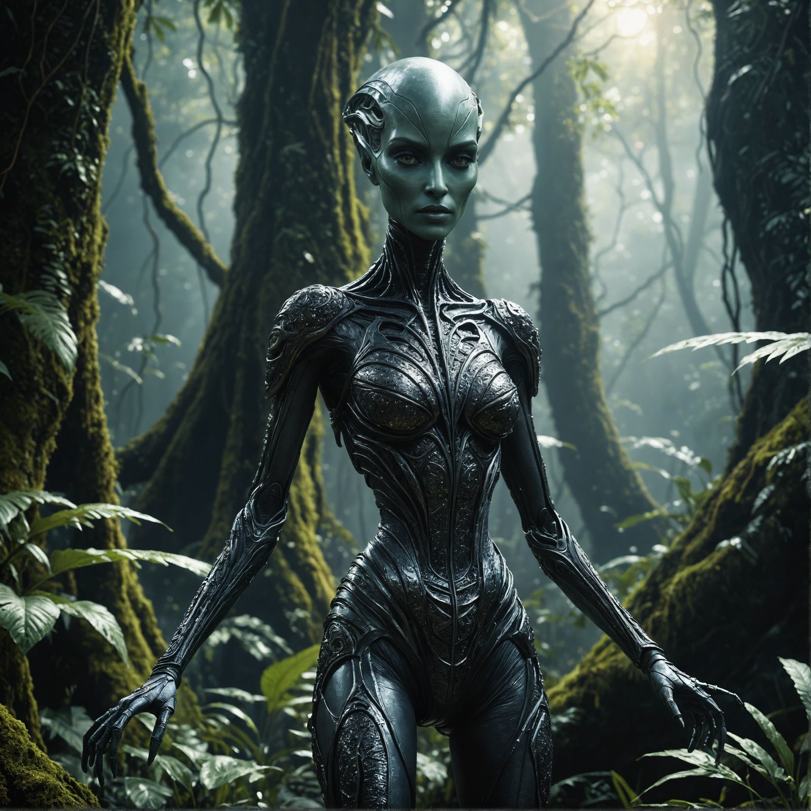 Humanoid alien in mystic jungle