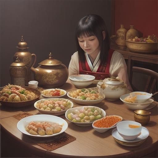 Festive Chinese New Year Feast in Oil Painting Style