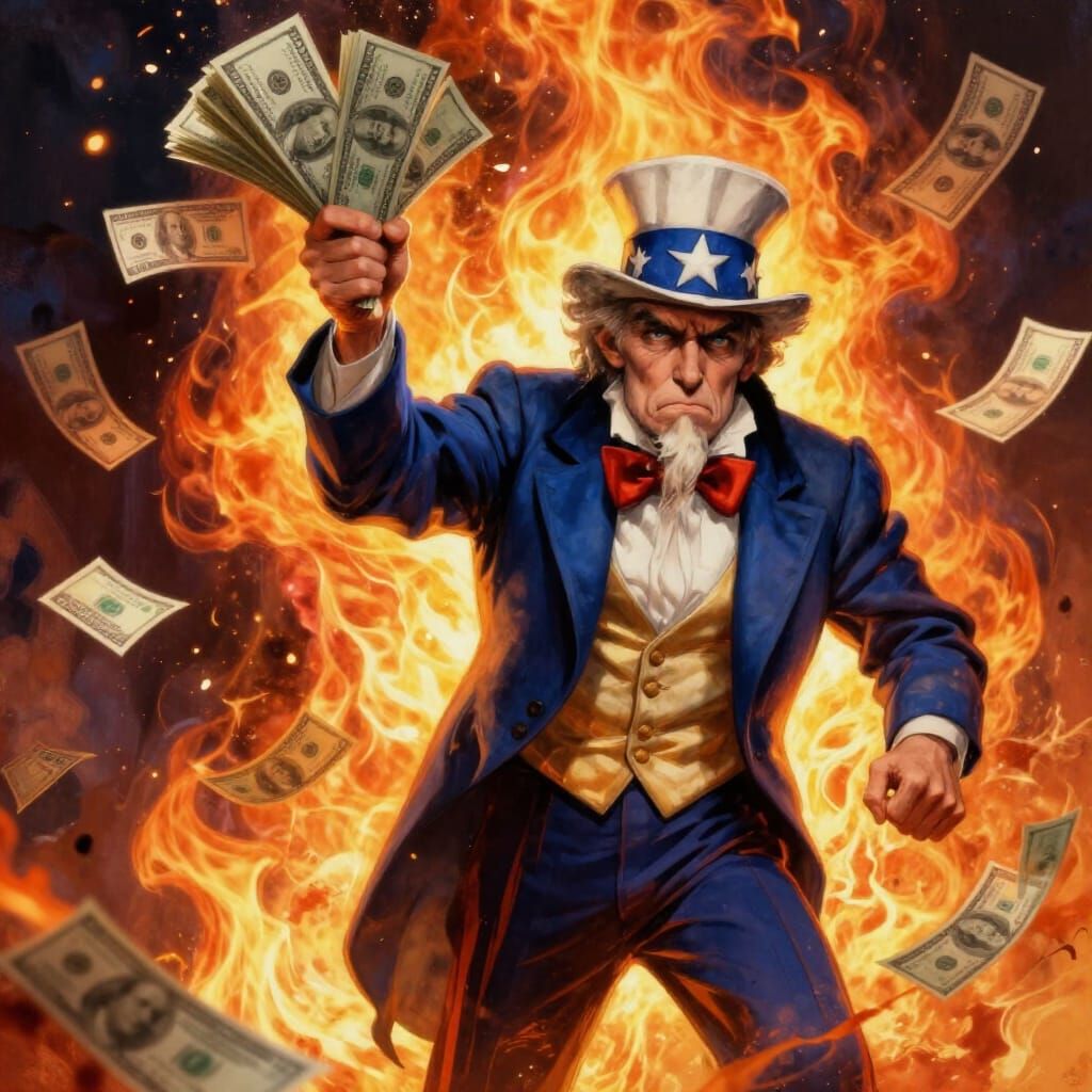 Uncle Sam is throwing big stacks of dollars into a bonfire.