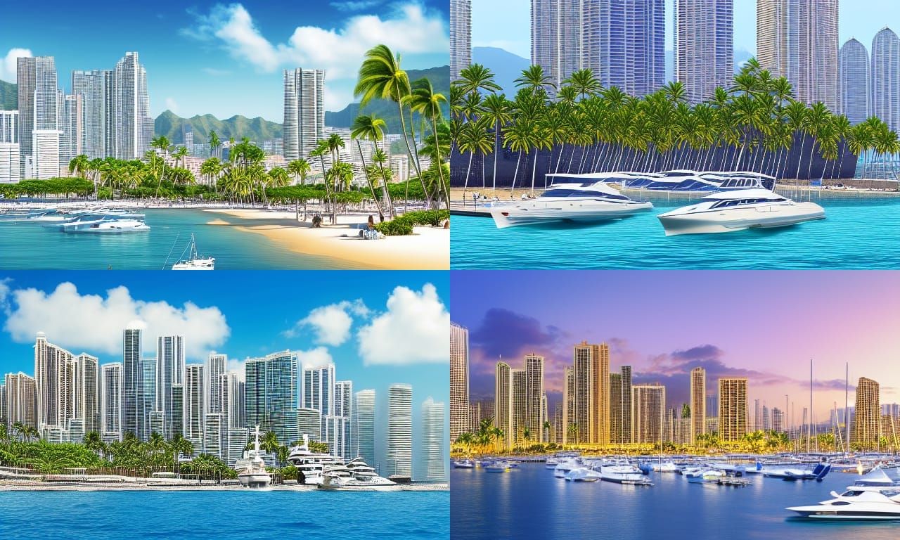 Tropical city inspired by Monaco and Manhattan with tall sky...