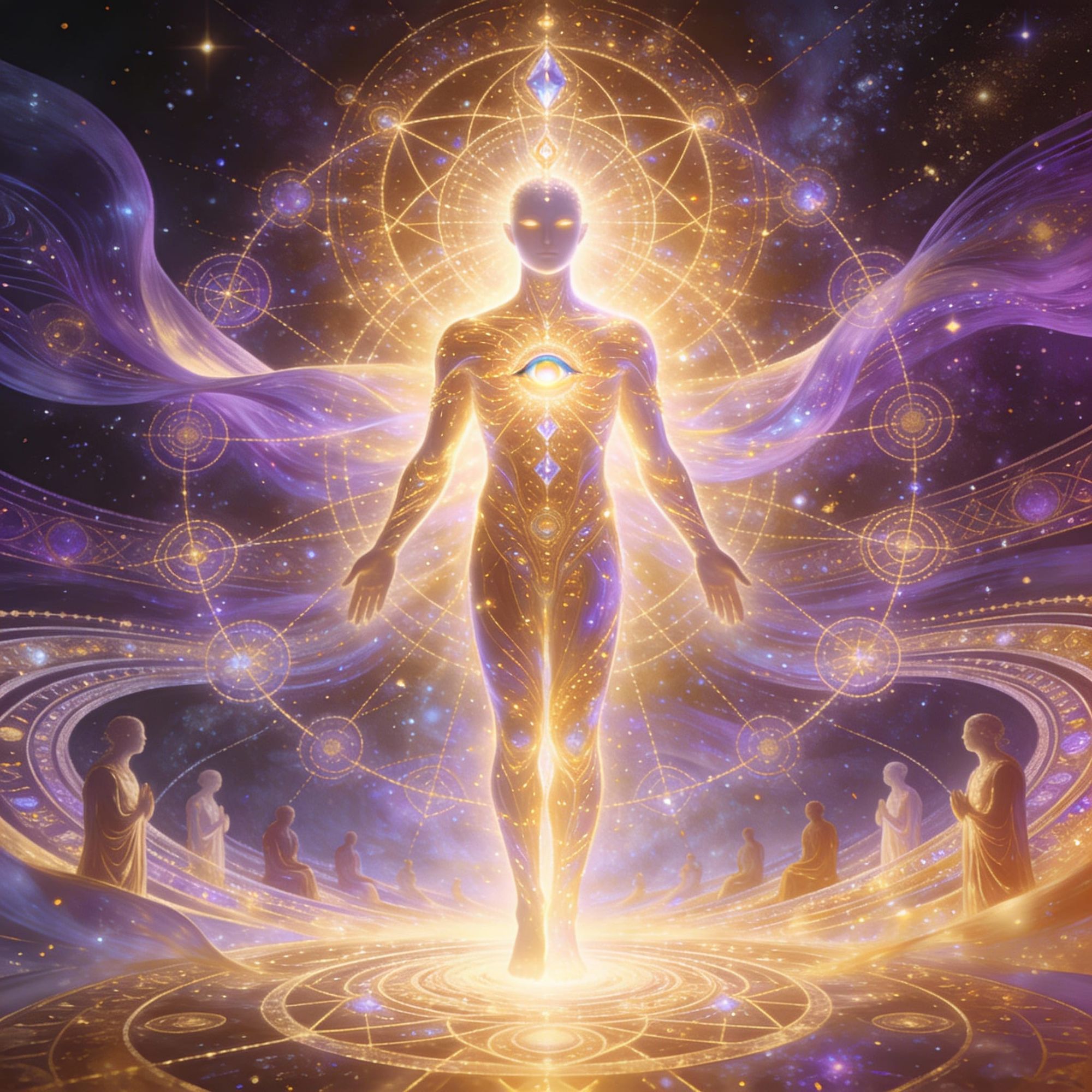 A luminous awakened figure stands at the center of the cosmos, radiating divine light and sacred geometry. Their body glows with golden ener...