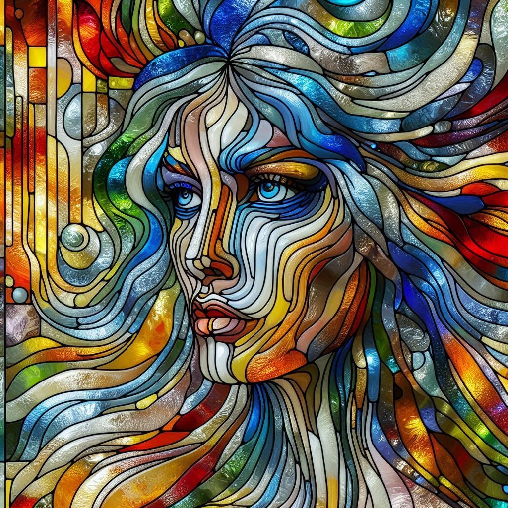 Portrait of a woman made completely with stained glass