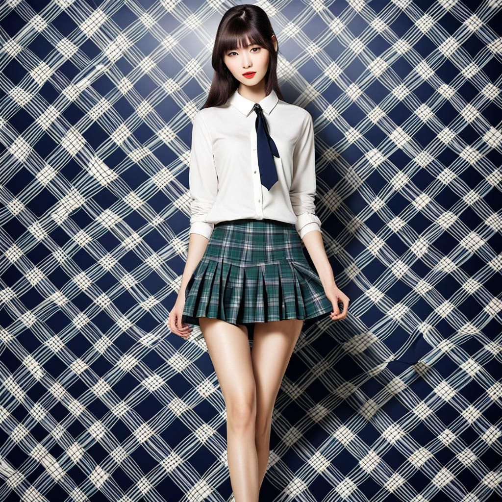 Girl in Plaid Skirt with Computer, Surrealist Style