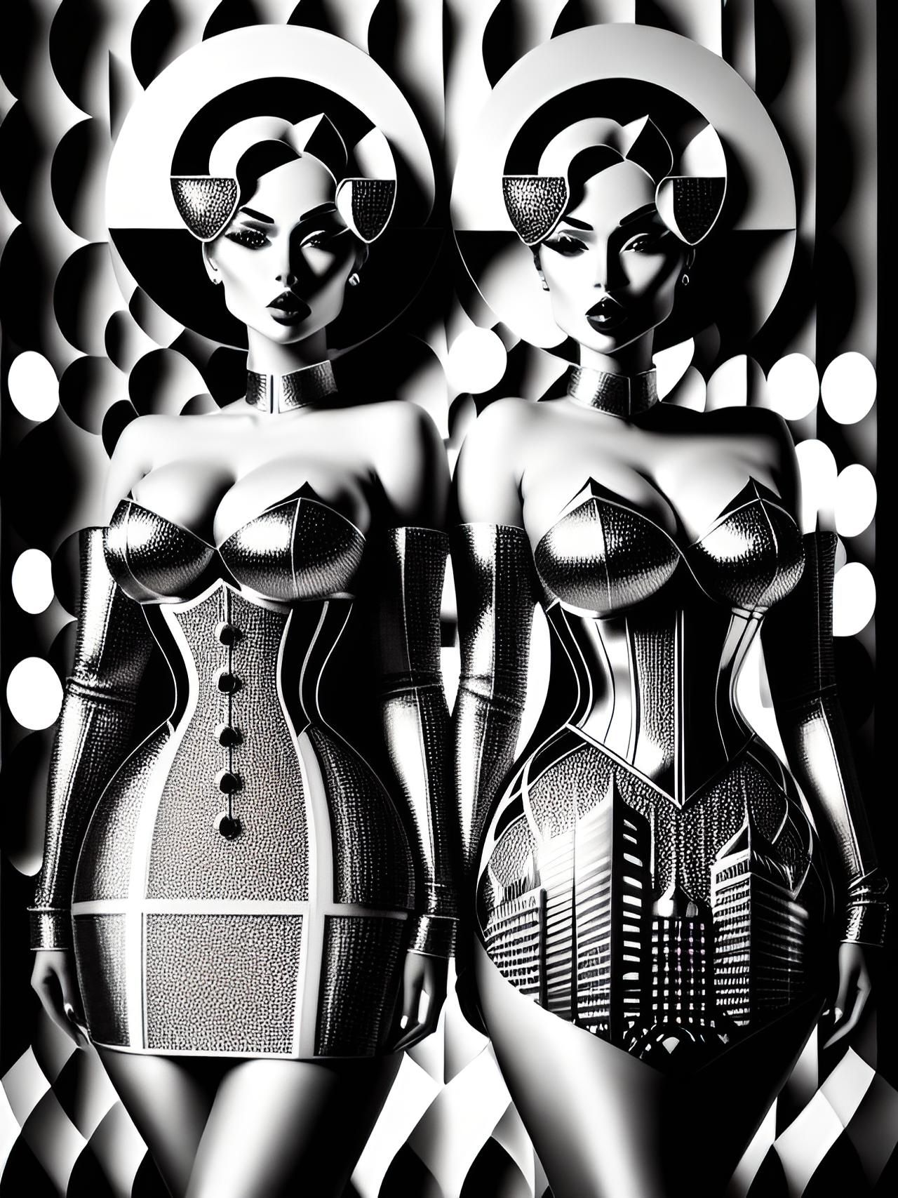 Two women stylized black and white în cityscape