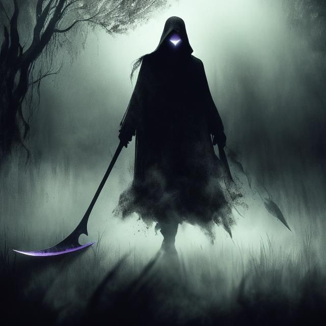la faucheuse et sa célèbre faux-scie   entrant dans un champ la nuit  cool colors film noir sharp focus shadow depth fantastical ominous <lora:Ha...