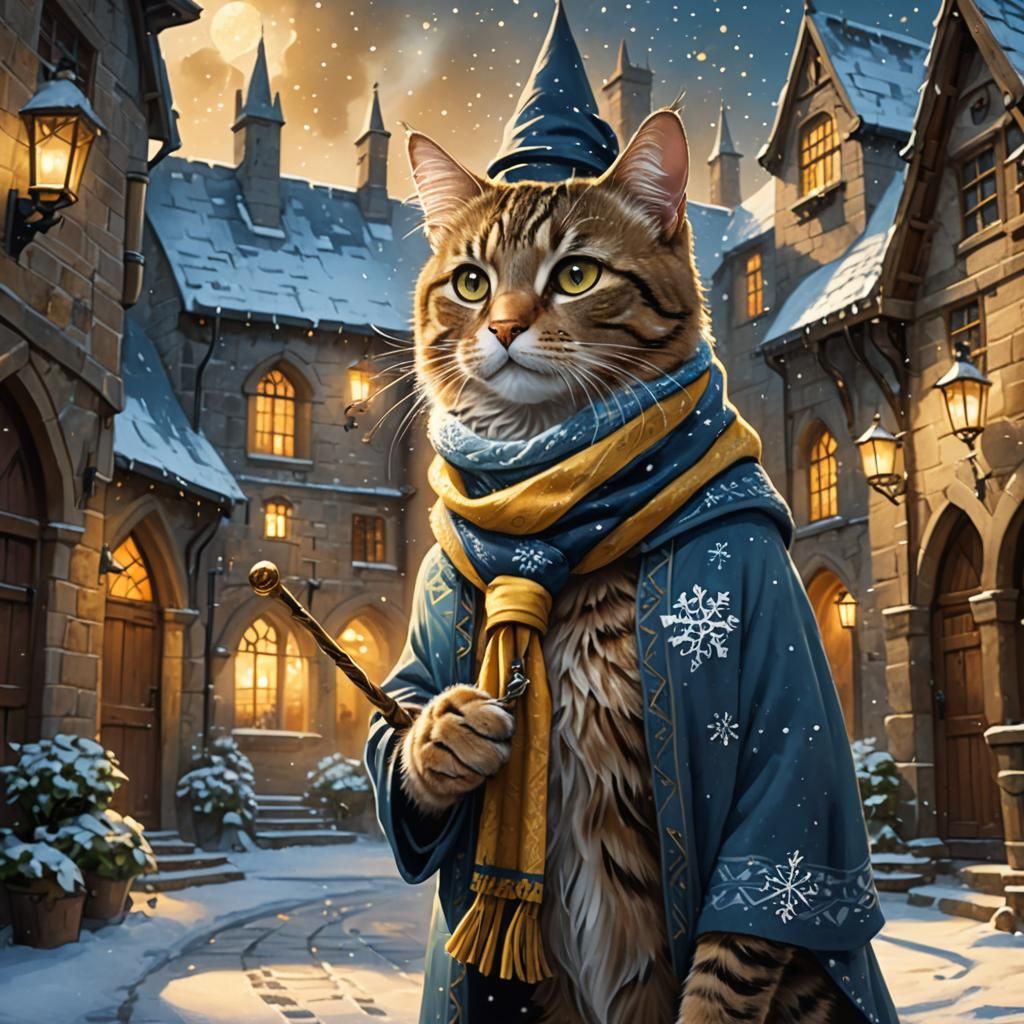 a cute tabby cat wearing a Hufflepuff scarf and holding a wa...