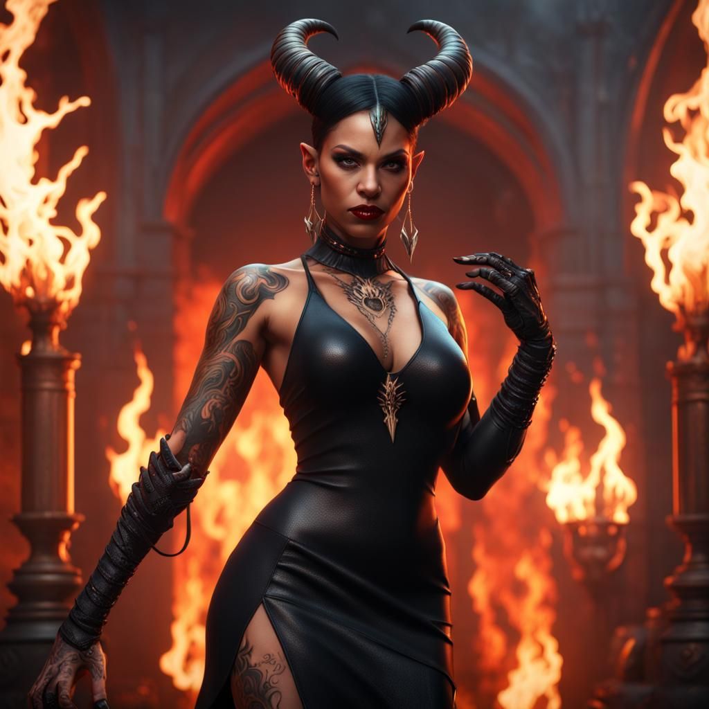 Black she devil with horns wearing black dress with hellfire tattoos - AI  Generated Artwork - NightCafe Creator