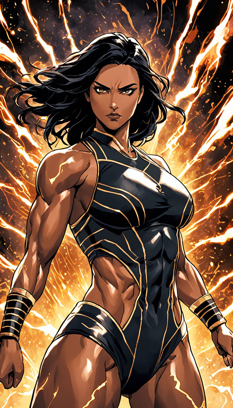 Muscular Indian Woman in Anime Style Cosmic Battle