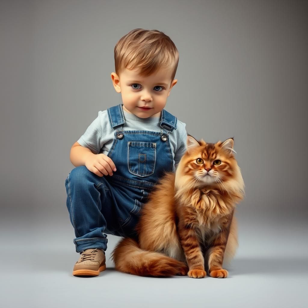Little boy in overall jeans and a tee-shirt with a beautiful...