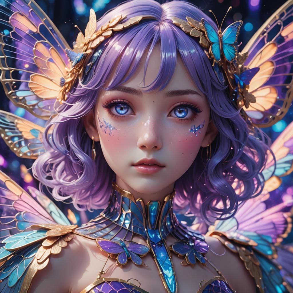 Extreme close up of a beautiful butterfly goddess with purpl...