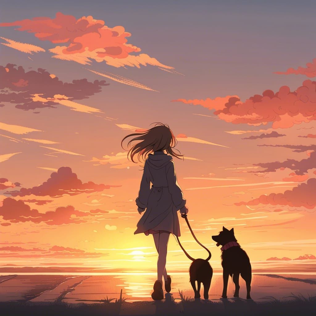A woman walking her dog in the sunset