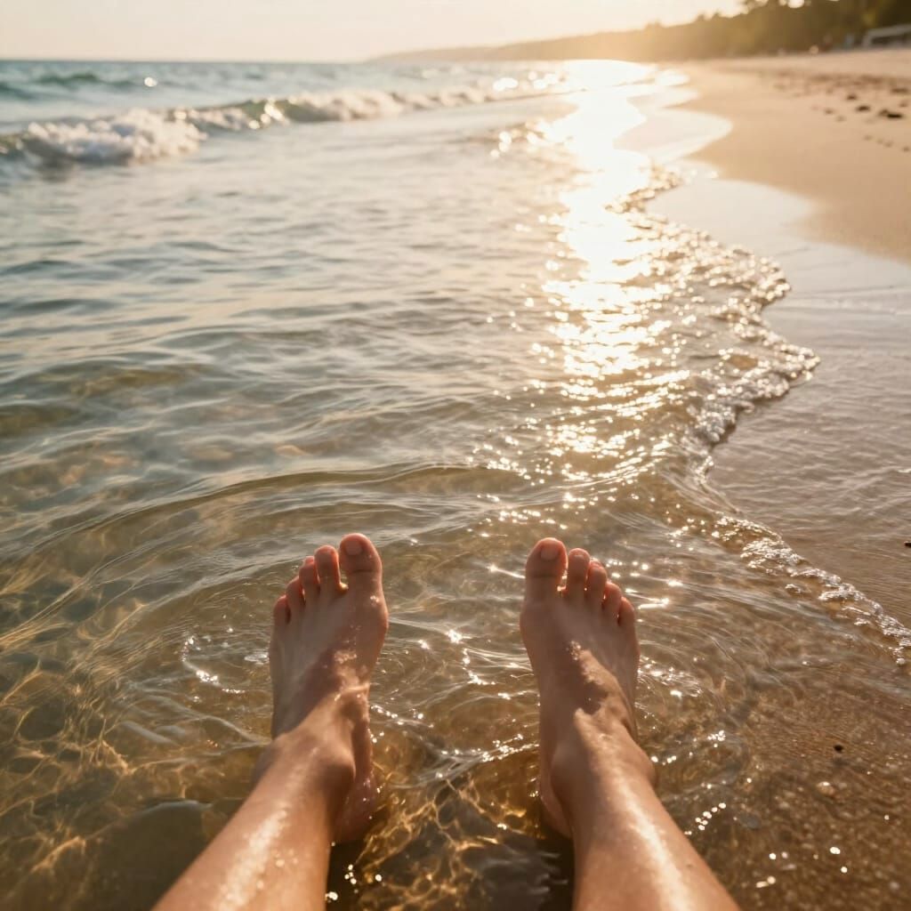 Close-up, high-resolution photograph capturing feet wading in shallow, crystal-clear water on a sandy ...  by @blenta