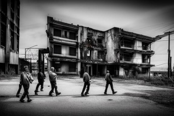 A Large Derelict Building With A Gang Walking Towards it, science fiction, alien, cyberpunk, otherworldly