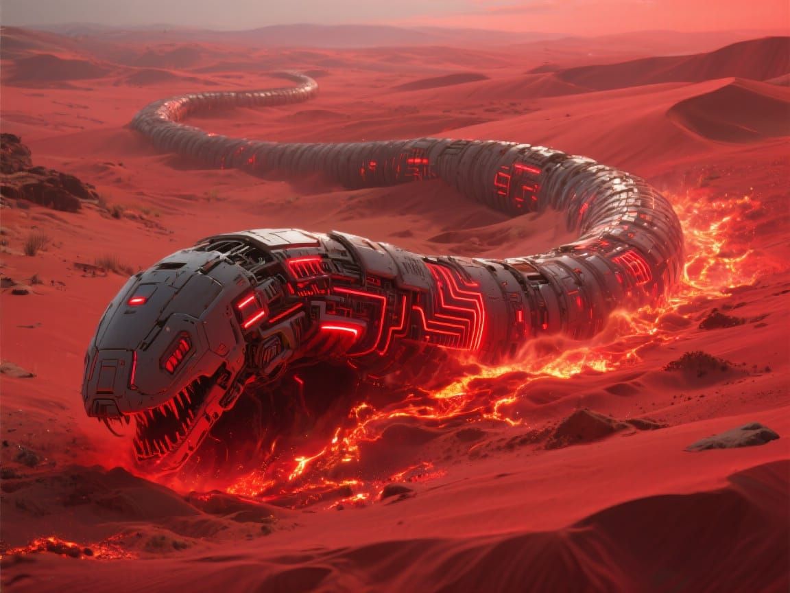 Mecha worm with fire-red circuitry   by @Pharaoh Julia