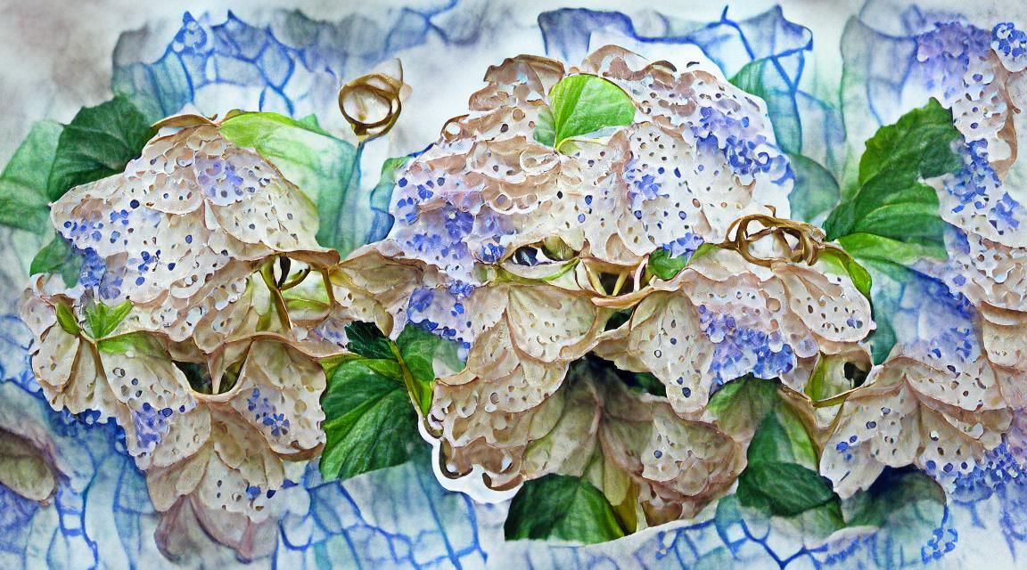 Hydrangea in rain filigree watercolor