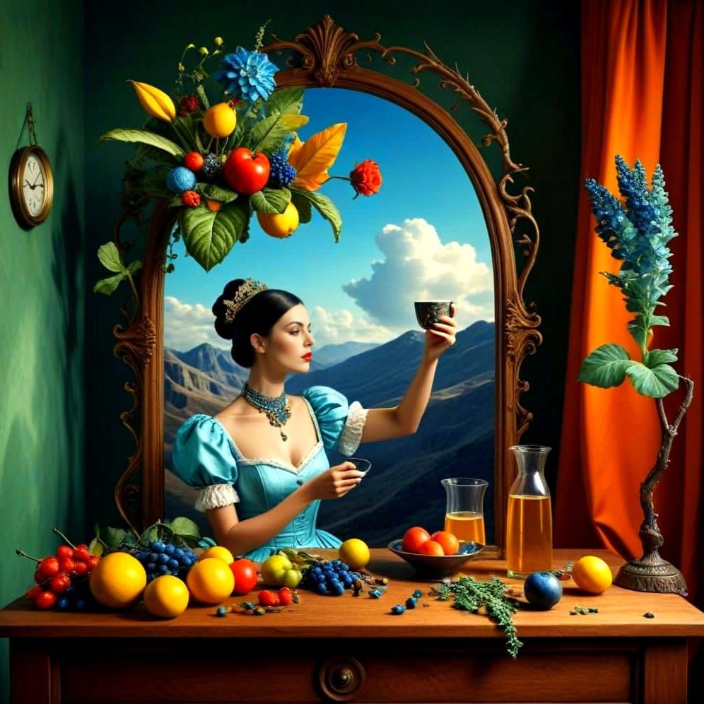 Surrealistic Portrait of a Dressed Woman in a Fantastical La...