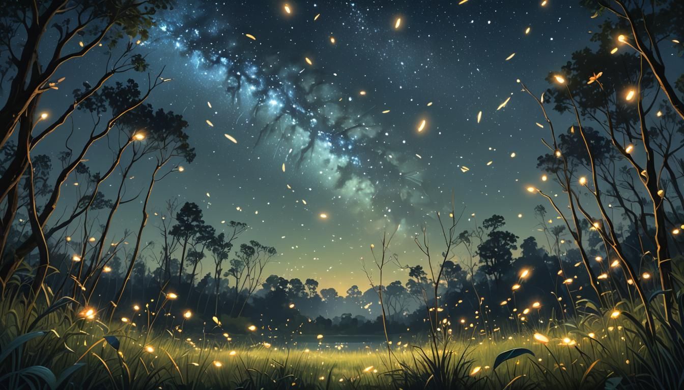 A serene and enchanting night scene filled with tiny, biolum...